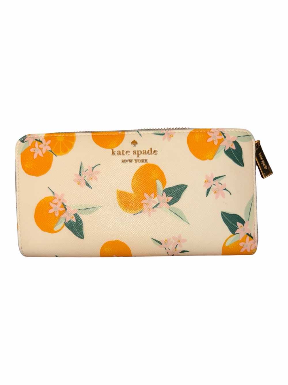 KATE SPADE Madison Orange Toss Citrus Zip Around Continental Wallet Cream